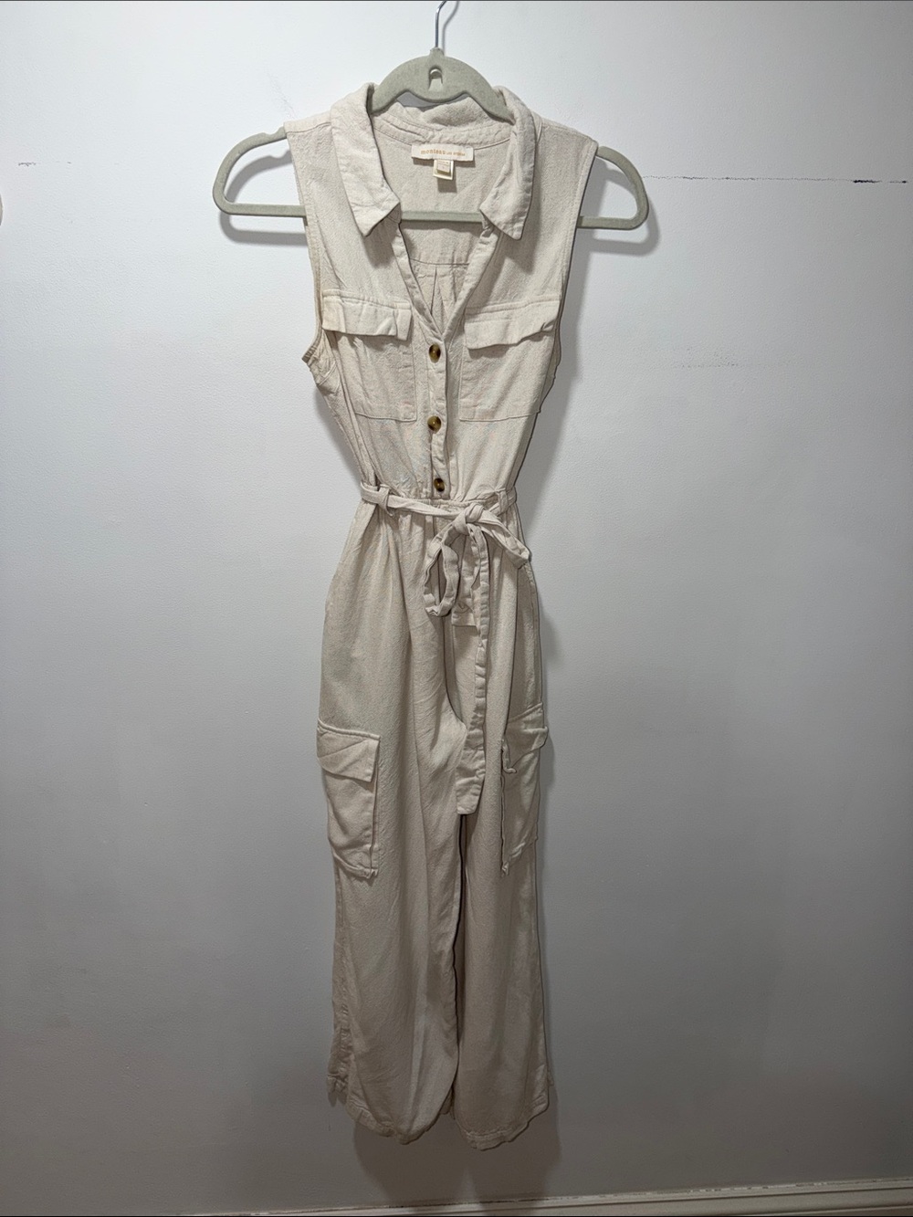 Monteau‎ Los Angeles Womens Linen Cargo Jumpsuit S Cargo Wide Leg Safari Utility